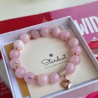 Pink Jade beaded bracelet, rose gold heart charm, natural rose...