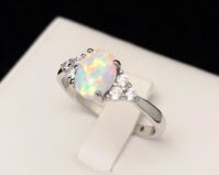 White Opal Sterling Silver Ring, Fire Opal Ring with Diamond...